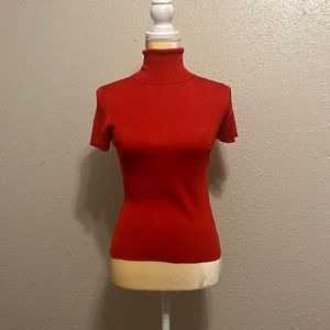 Loft Red 100% Silk Turtleneck Short Sleeve Blouse Size M